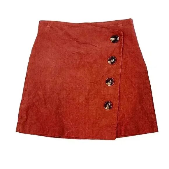 Miami Women's Rust Red Cotton/Spandex Corduroy Wrap Button Front Mini Skirt - Picture 2 of 8